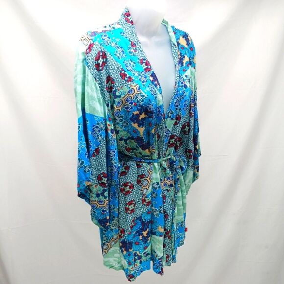 Josie Vibrant Blue Floral Women's Robe Wrap Kimono Medium - Picture 1 of 13